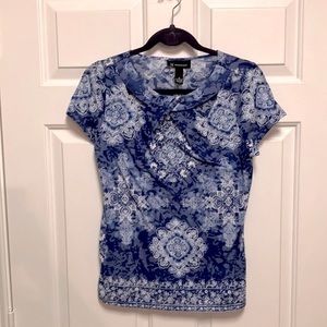 INC Short Sleeve Blue & White Medallion Cutout Twist Top Size Medium